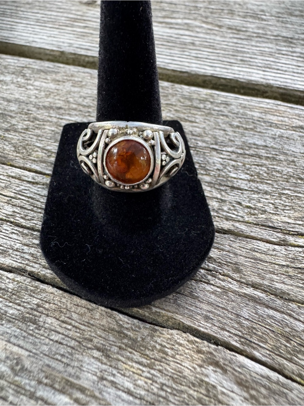 Sterling Silver Balinese-style Amber Ring